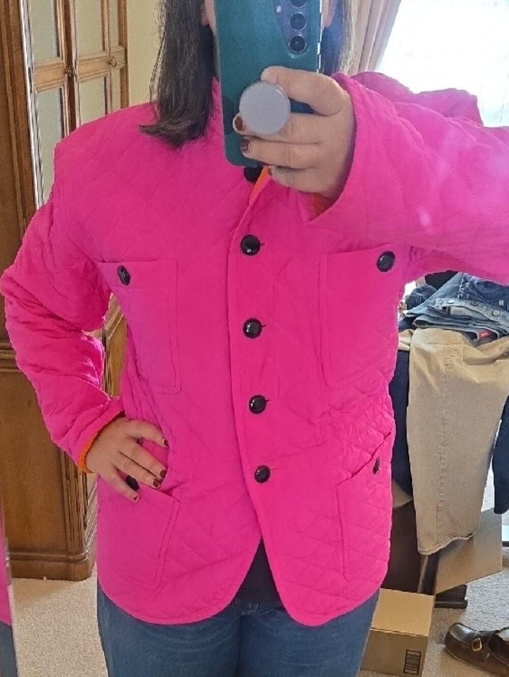 Escada By Margaretha Ley Silk Bright Pink Quilted Jacket with Orange Lining